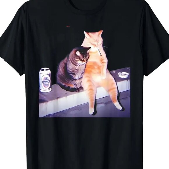 Cats Smoking Drinking Beer 100% Cotton Tee T-Shirt - Picture 3 of 3